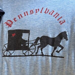 Blue T-Shirt. By Sportswear ‘Pennsylvania’ Amish print. Size large. Made in USA.